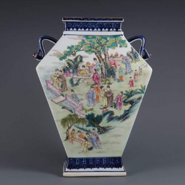 Qing Dynasty Qianlong period blue and white with pink enamel figure story square vase with Ruyi ears