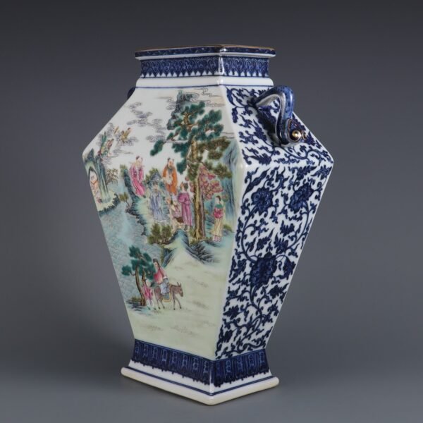 Qing Dynasty Qianlong period blue and white with pink enamel figure story square vase with Ruyi ears - Image 3