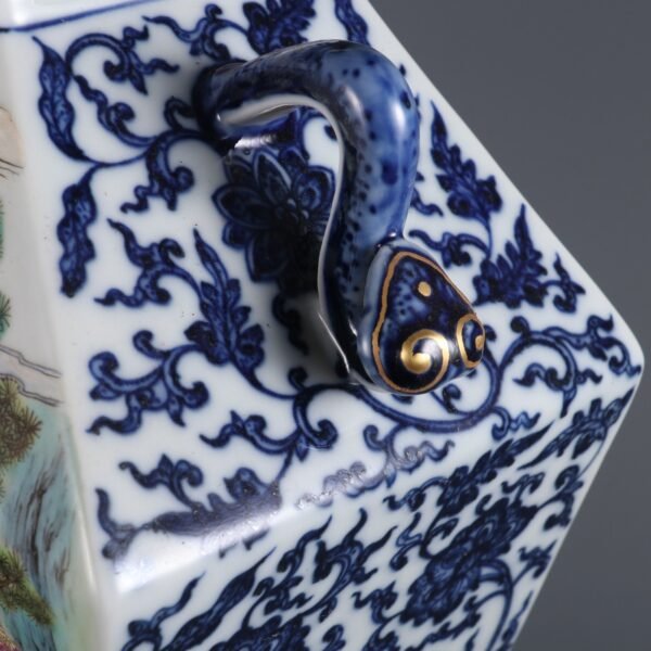 Qing Dynasty Qianlong period blue and white with pink enamel figure story square vase with Ruyi ears - Image 9