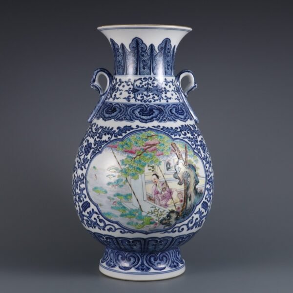 Qing Dynasty Qianlong period blue and white with pink enamel open window figure story two-ear vase