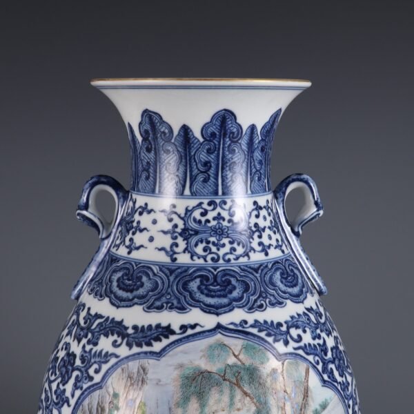 Qing Dynasty Qianlong period blue and white with pink enamel open window figure story two-ear vase - Image 3
