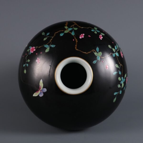 Qing Dynasty Yongzheng Period Black Ground Famille Rose Peony Pattern Poem Plum Vase - Image 2