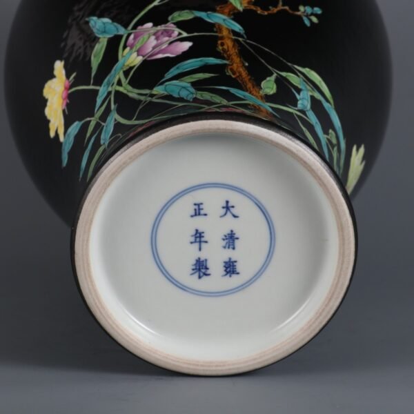 Qing Dynasty Yongzheng Period Black Ground Famille Rose Peony Pattern Poem Plum Vase - Image 3