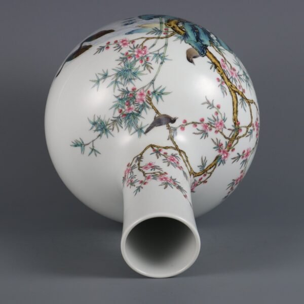 Qing Dynasty Yongzheng Period Famille Rose Flower and Bird Poems Tianqiu Vase - Image 2