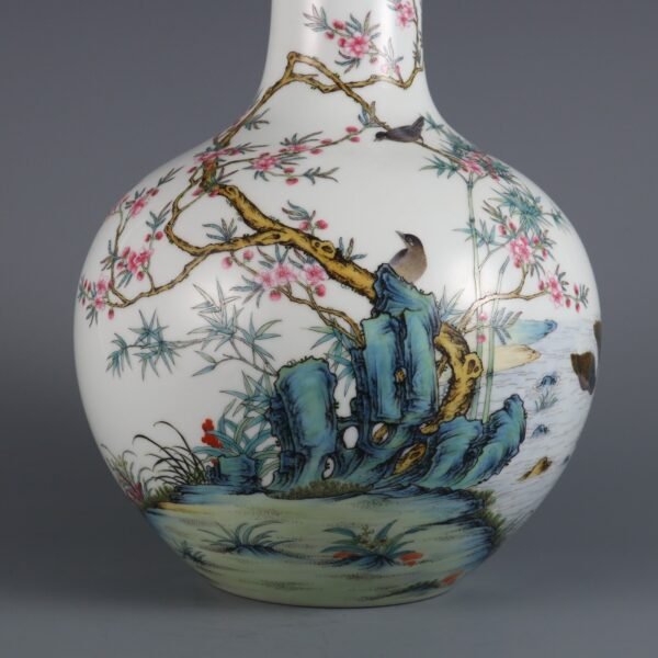 Qing Dynasty Yongzheng Period Famille Rose Flower and Bird Poems Tianqiu Vase - Image 6