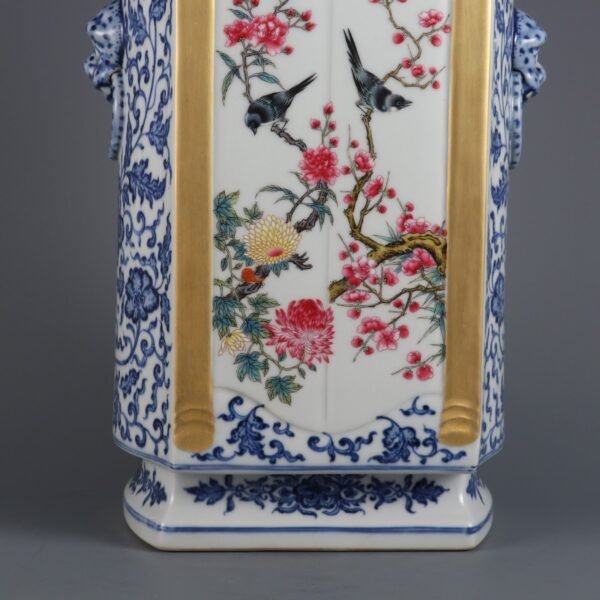 Qing Dynasty Qianlong period blue and white with pink and white flower and bird pattern animal ears - Image 9