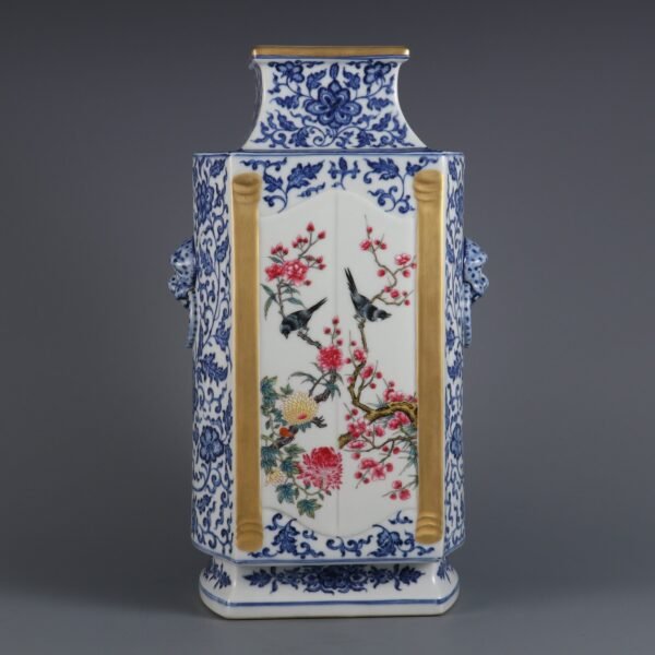 Qing Dynasty Qianlong period blue and white with pink and white flower and bird pattern animal ears
