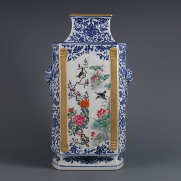 Qing Dynasty Qianlong period blue and white with pink and white flower and bird pattern animal ears - Image 5