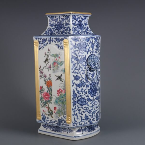 Qing Dynasty Qianlong period blue and white with pink and white flower and bird pattern animal ears - Image 8