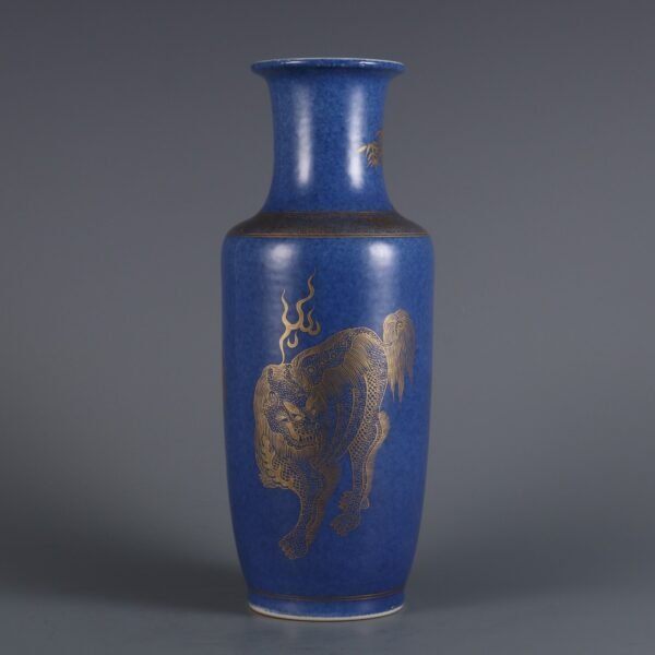 Qing Kangxi Period Snowflake Blue Glaze Gilded Kylin Pattern Stick Bottle