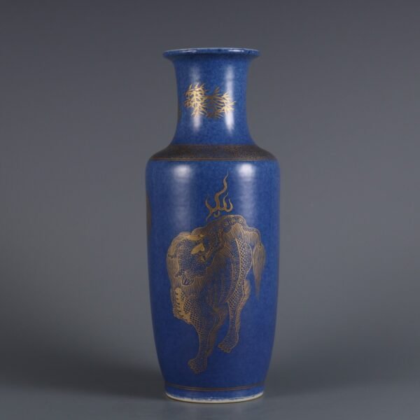 Qing Kangxi Period Snowflake Blue Glaze Gilded Kylin Pattern Stick Bottle - Image 2