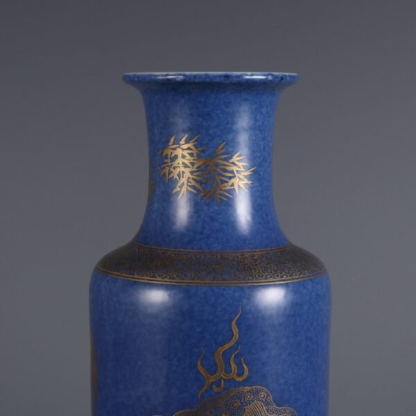 Qing Kangxi Period Snowflake Blue Glaze Gilded Kylin Pattern Stick Bottle - Image 4
