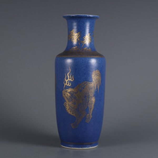 Qing Kangxi Period Snowflake Blue Glaze Gilded Kylin Pattern Stick Bottle - Image 5
