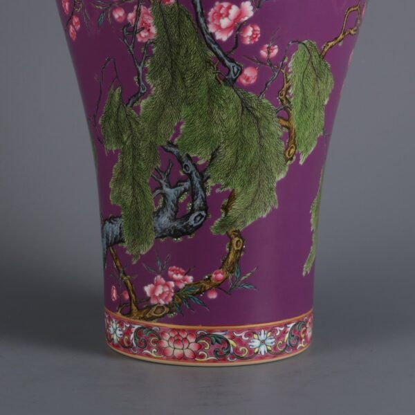 Qing Yongzheng Period Rouge Purple Ground Famille Rose Flower and Bird Pattern Plum Vase - Image 5