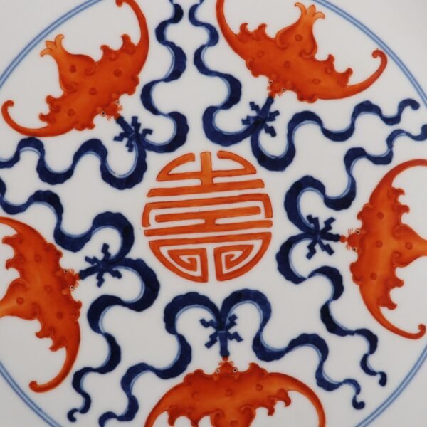 Qing Dynasty Qianlong period blue and white with alum red five blessings longevity large plate - Image 7