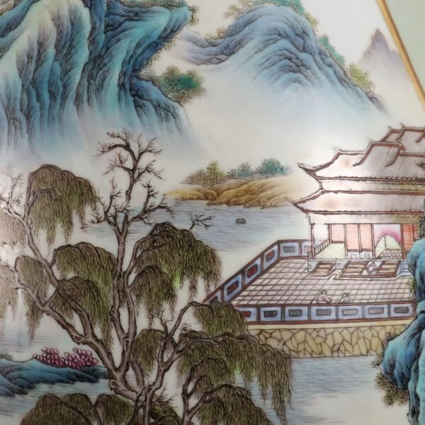 Qing Dynasty Qianlong period bean green glaze and powder enamel openwork landscape pavilion Guan - Image 4