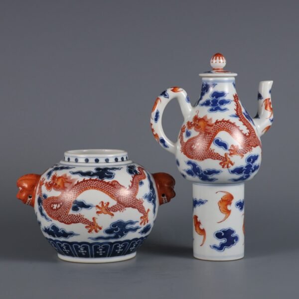 Qing Dynasty Yongzheng Period Blue and White with Red Cloud Dragon Pattern Animal Ear Wine Warmer