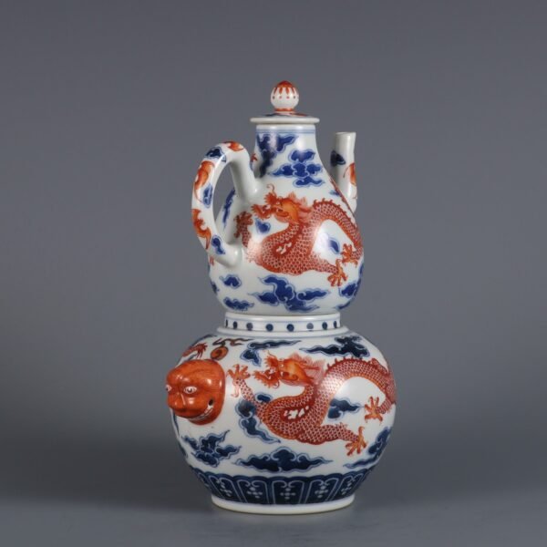 Qing Dynasty Yongzheng Period Blue and White with Red Cloud Dragon Pattern Animal Ear Wine Warmer - Image 3