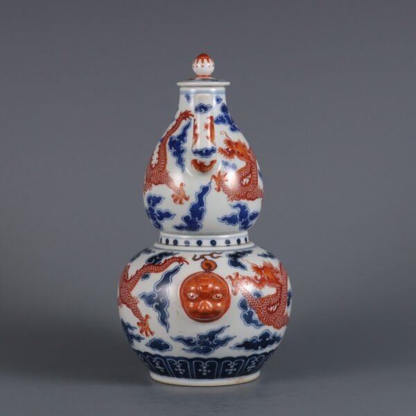 Qing Dynasty Yongzheng Period Blue and White with Red Cloud Dragon Pattern Animal Ear Wine Warmer - Image 4