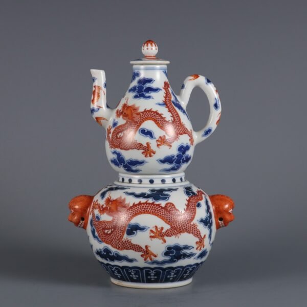 Qing Dynasty Yongzheng Period Blue and White with Red Cloud Dragon Pattern Animal Ear Wine Warmer - Image 2