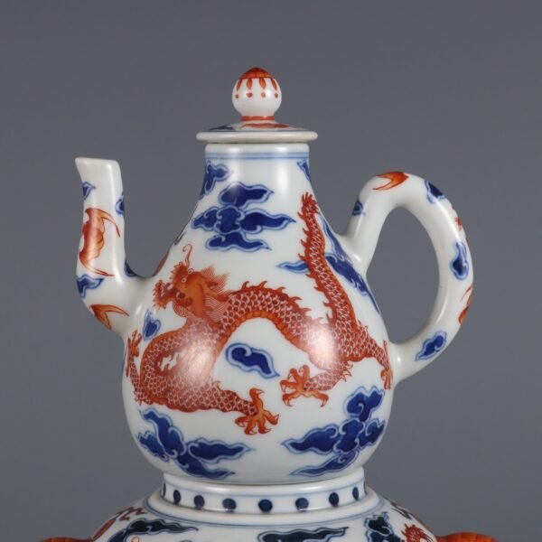 Qing Dynasty Yongzheng Period Blue and White with Red Cloud Dragon Pattern Animal Ear Wine Warmer - Image 6