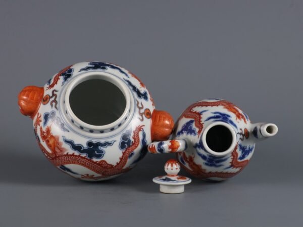 Qing Dynasty Yongzheng Period Blue and White with Red Cloud Dragon Pattern Animal Ear Wine Warmer - Image 7