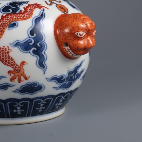 Qing Dynasty Yongzheng Period Blue and White with Red Cloud Dragon Pattern Animal Ear Wine Warmer - Image 8