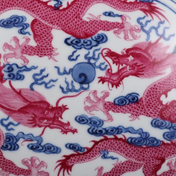 Qing Dynasty Qianlong period blue and white with agate red double dragon play with pearl Ruyi ear - Image 7