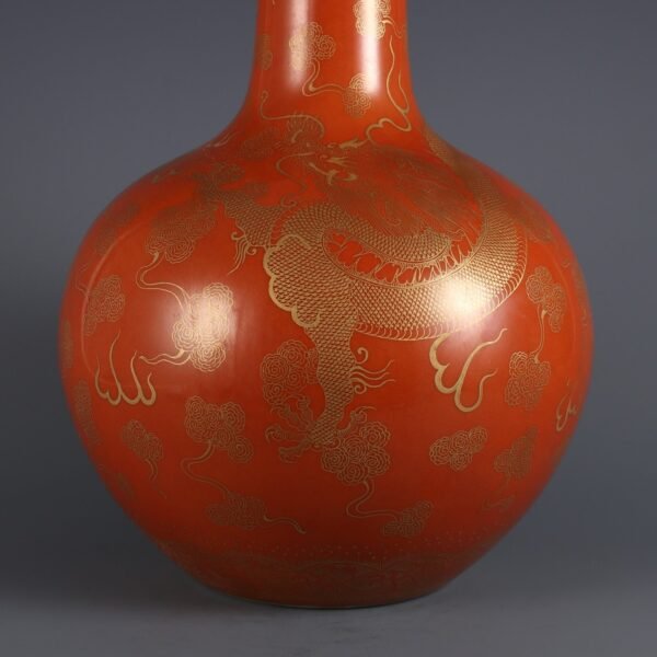 Qing Dynasty Qianlong period alum red ground painted with gold cloud dragon pattern celestial globe - Image 4