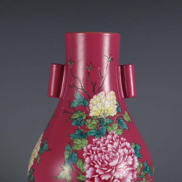 Qing Yongzheng Period Rouge-red Pastel Peony Pattern Olive Vase with Pier Ears - Image 3
