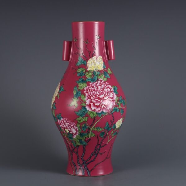 Qing Yongzheng Period Rouge-red Pastel Peony Pattern Olive Vase with Pier Ears