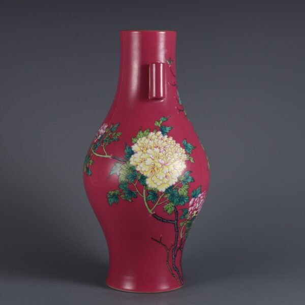 Qing Yongzheng Period Rouge-red Pastel Peony Pattern Olive Vase with Pier Ears - Image 2