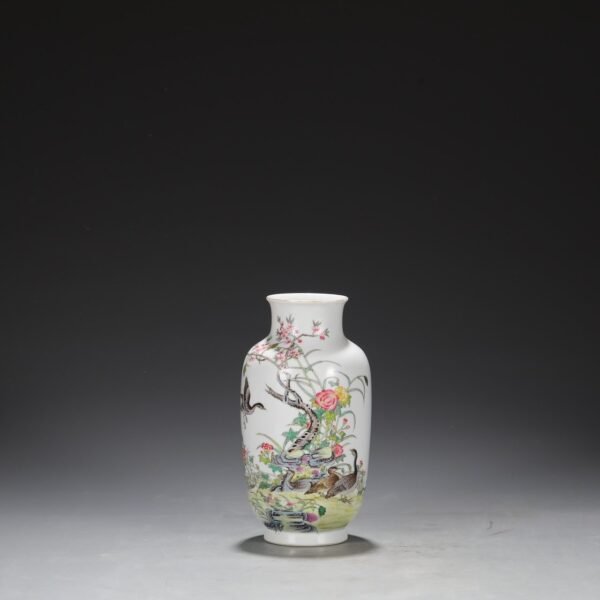 Old Collection Qing Dynasty Yongzheng Enamel Color Mountain Stone Flower Bird Reed Goose Lantern Vase - Image 8