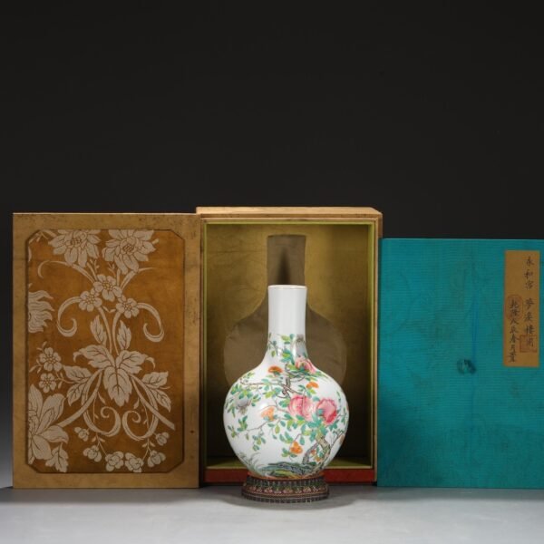 Old collection of Qing Dynasty Yongzheng powder enamel three-color pattern celestial globe vase