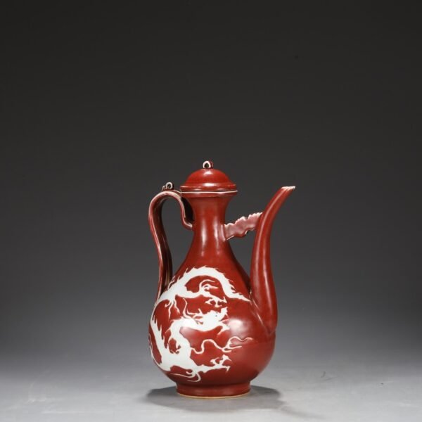 A large red-glazed pot with dragon patterns carved in white from the Yuan Dynasty. - Image 3