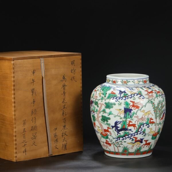 Old collection of Ming Dynasty Wanli blue and white multicolored deer pattern large jar