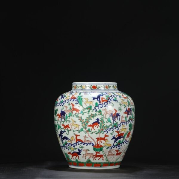 Old collection of Ming Dynasty Wanli blue and white multicolored deer pattern large jar - Image 7