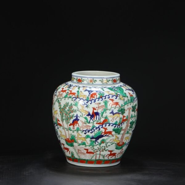 Old collection of Ming Dynasty Wanli blue and white multicolored deer pattern large jar - Image 8