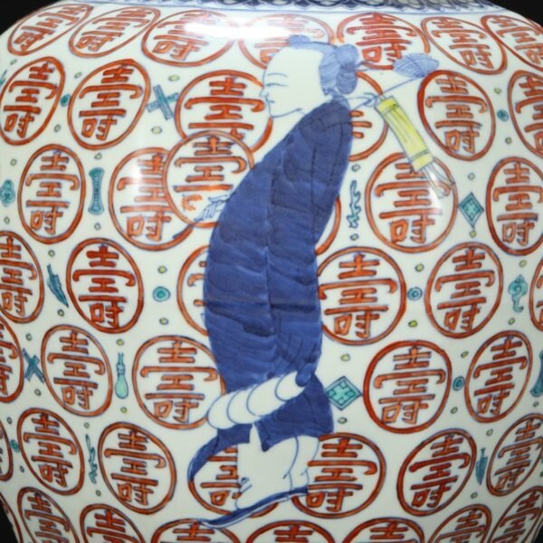 An old Ming Dynasty Jiajing blue and white red figure longevity octagonal jar. - Image 6