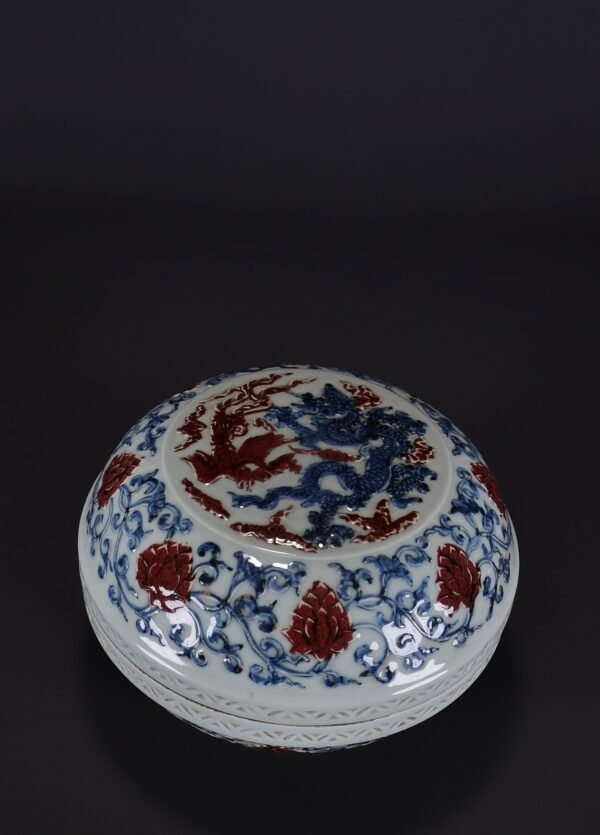 old collection of Ming Xuande blue and white underglaze red carved dragon and phoenix pattern lid - Image 3
