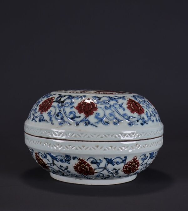 old collection of Ming Xuande blue and white underglaze red carved dragon and phoenix pattern lid - Image 7