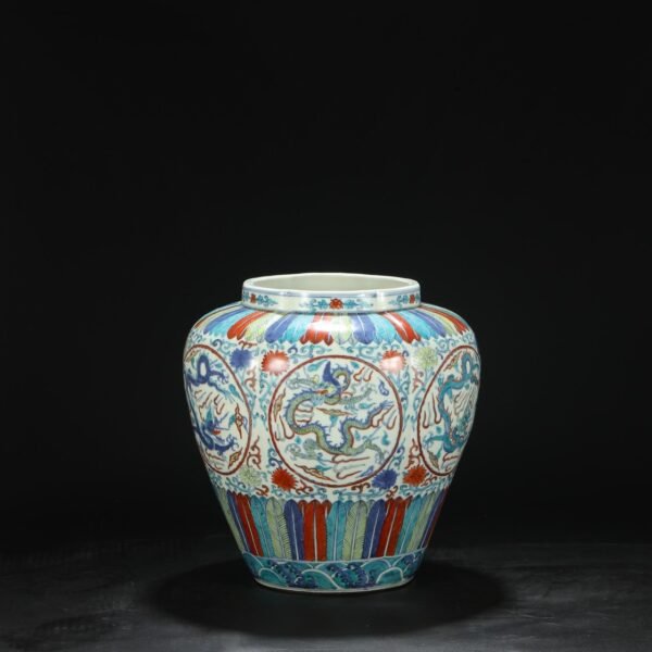 Old collection of Ming Dynasty Jiajing blue and white five-color window dragon pattern melon ridge large jar - Image 8