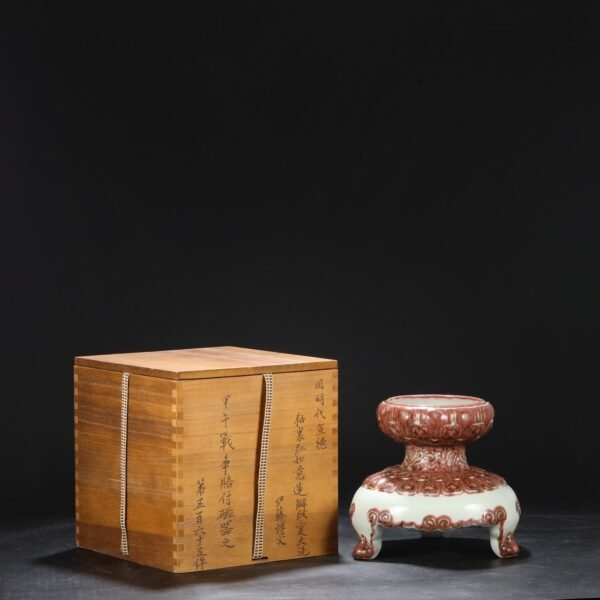 Old Collection Ming Xuande underglaze red Ruyi lotus petal pattern three-legged large wash basin