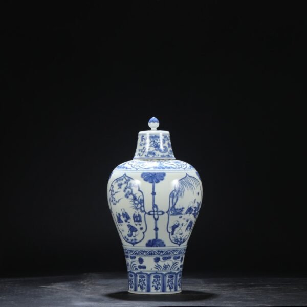 Old collection of Ming Chenghua blue and white window boy playing with a large plum vase with lid - Image 5