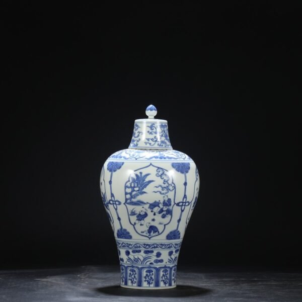 Old collection of Ming Chenghua blue and white window boy playing with a large plum vase with lid - Image 8