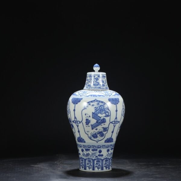 Old collection of Ming Chenghua blue and white window boy playing with a large plum vase with lid - Image 9