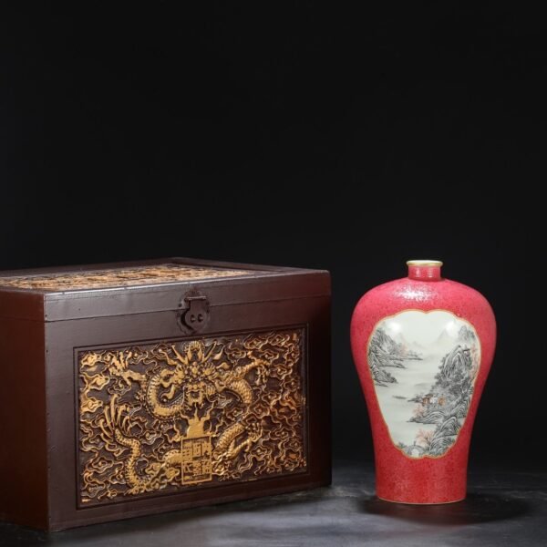 Old collection of Qing Dynasty Yongzheng powder enamel window ink color alum red landscape large plum vase