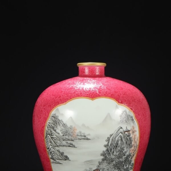 Old collection of Qing Dynasty Yongzheng powder enamel window ink color alum red landscape large plum vase - Image 2