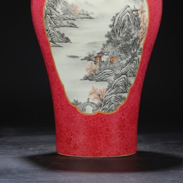Old collection of Qing Dynasty Yongzheng powder enamel window ink color alum red landscape large plum vase - Image 3