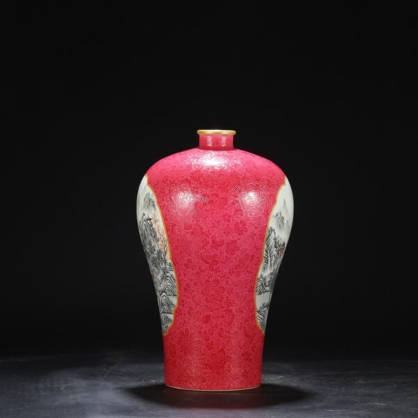 Old collection of Qing Dynasty Yongzheng powder enamel window ink color alum red landscape large plum vase - Image 4